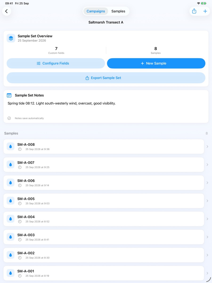 iPad: a sample set with custom fields, recorded samples and export controls